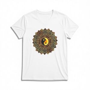White V Neck T Shirt Mandala Yin Yang Design Men's Small Woman's Medium